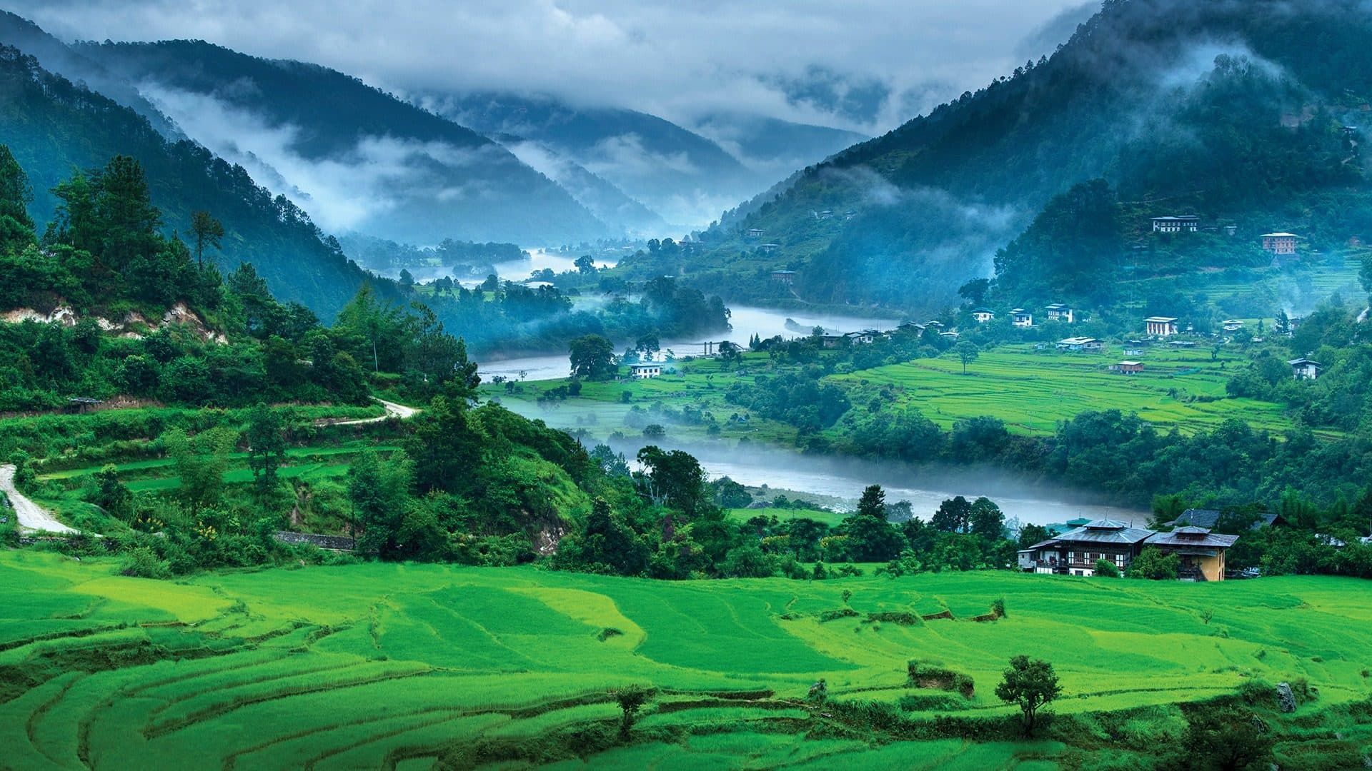 Mist over a Bhutanese river valley with rice terraces and forested hills